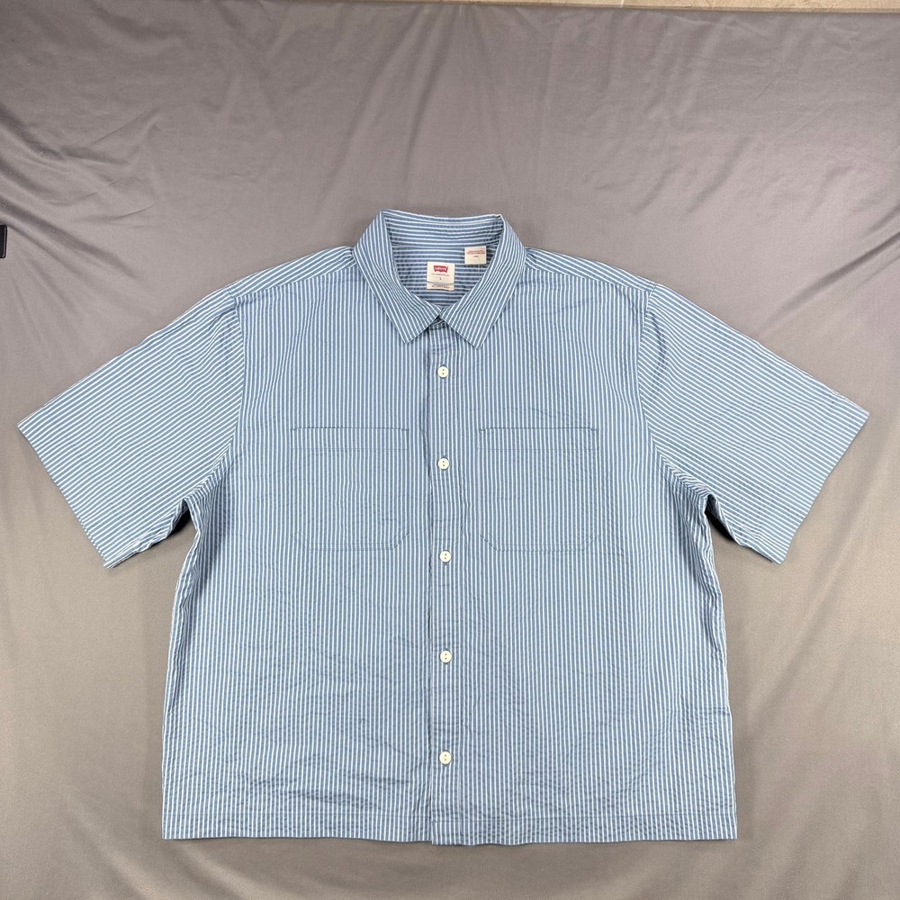 Levi's Mens L Blue White Cotton Blend Relaxed Striped Short Sleeve Shirt New - Picture 2 of 11